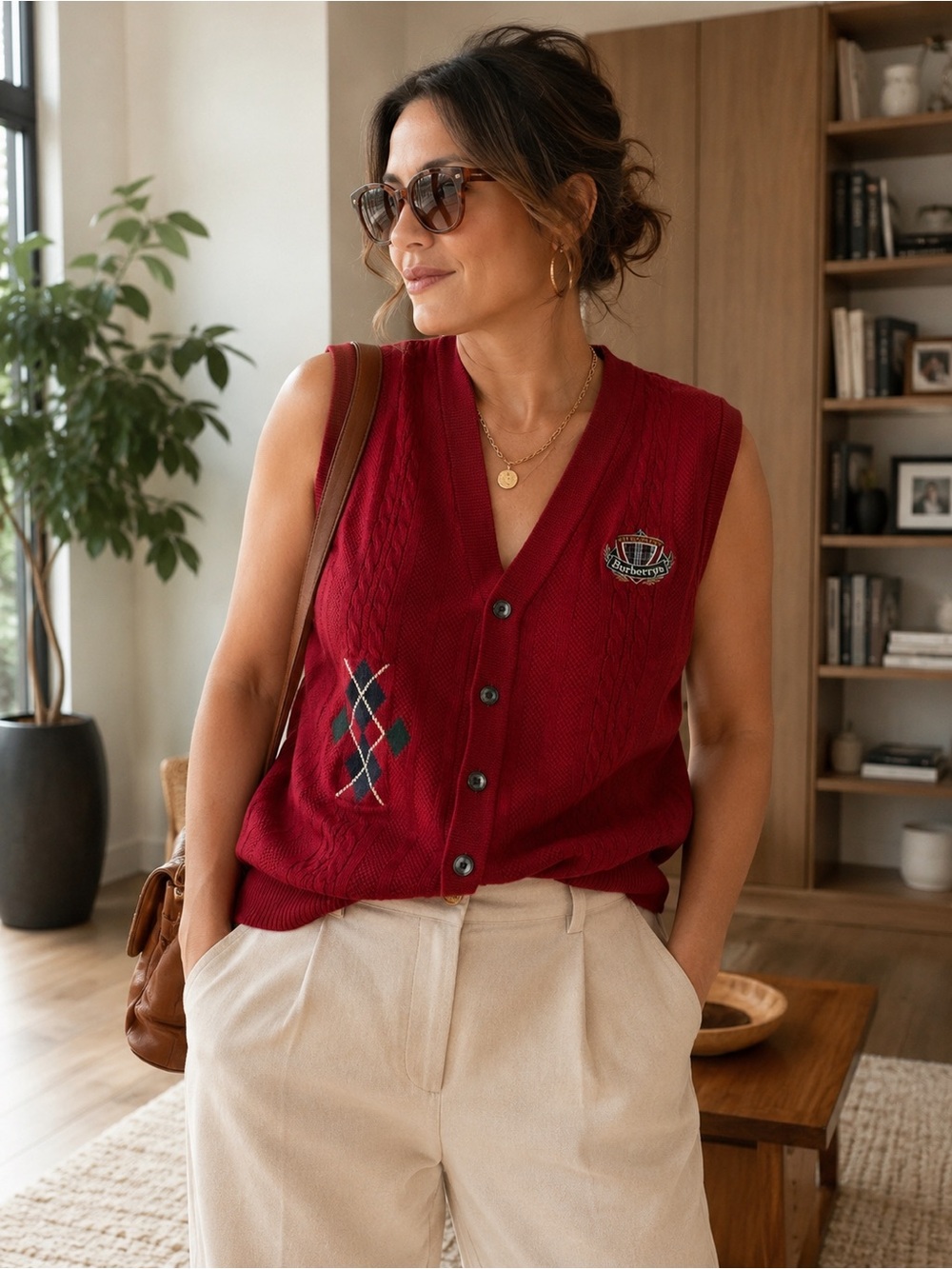 Burberry VTG Golf Collection Crest Red Cable-Knit Button Front Vest Women’s L